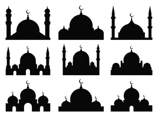 A collection of nine black silhouette featuring various mosque buildings with domes and minarets on a white background © Sultana