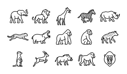 African Safari Animals Vector Icons Set, Wildlife Mammals Collection, Zoo Creatures Line Art Graphics © Moshiur
