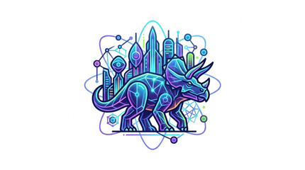 Triceratops Dinosaur in Futuristic Cityscape with Abstract Connections. © reyhan