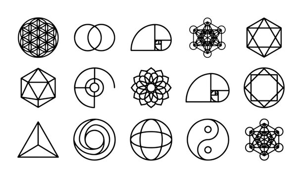 Sacred Geometry Icons Set, Metatron's Cube, Flower of Life, Yin Yang, Fibonacci Spiral, Vector Symbols