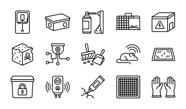 Pest Control Icons Set: Rodent Traps, Sprays, Gloves, and Deterrents Vector Graphics