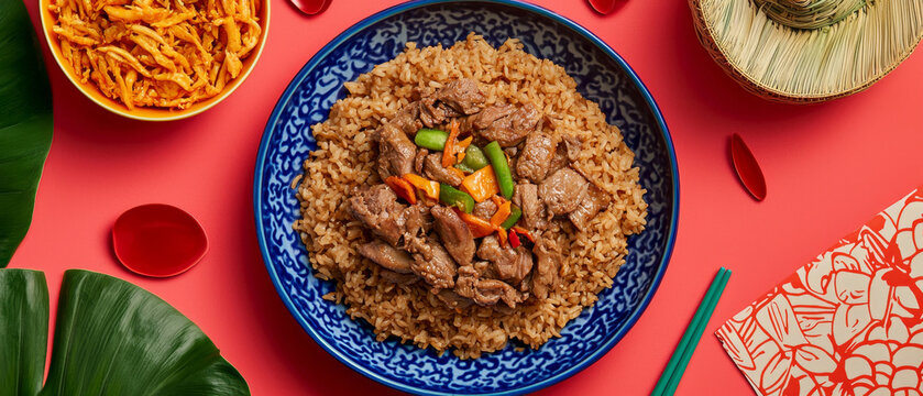 Stir-fried meat and vegetables over rice in blue bowl, with side dish, green leaves, chopsticks on red table