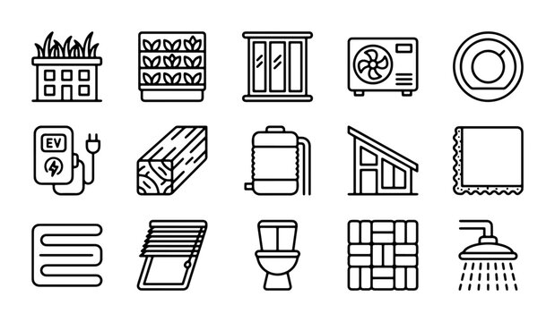 Eco-Friendly Home Elements Icons: Sustainable Living, Building, Energy, Plumbing, HVAC