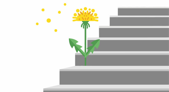 Yellow dandelion bloom on a grey stairwell with floating yellow dots