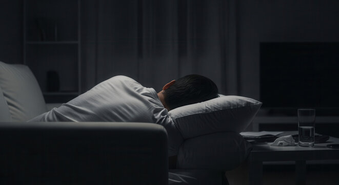Restful Sleep: Serene Scene of Person Sleeping on Couch in Gentle Darkness