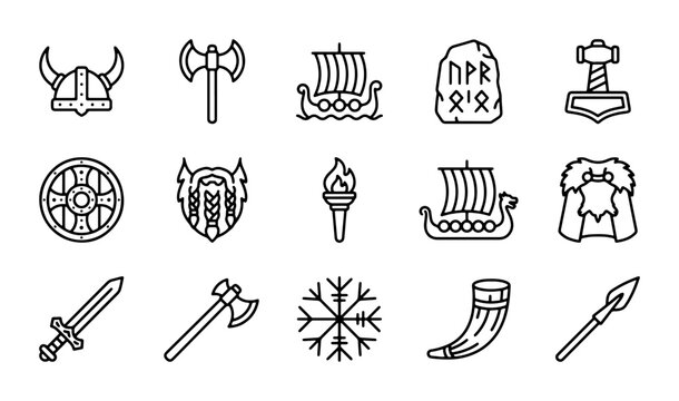 Viking Icons Set: Norse Symbols, Warrior Gear, Longships, Runes, and Thor's Hammer