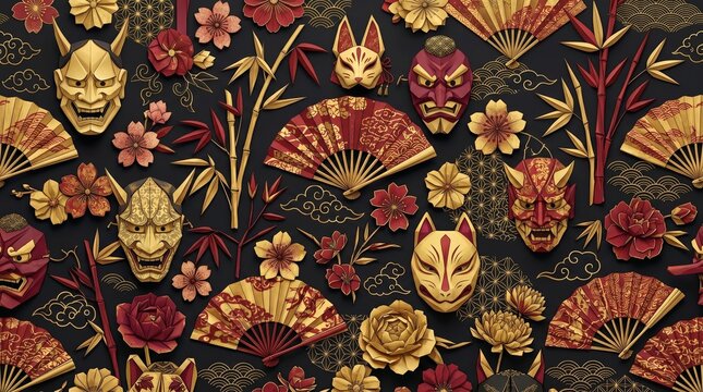 Intricate Japanese Folklore Pattern with Gold Hannya and Kitsune Masks, Folding Fans, Bamboo, and Sakura Flowers on Dark Background, AI Generated Ornate Traditional Asian Design