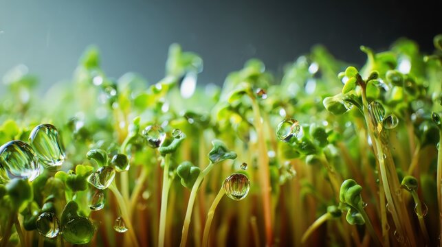 Extreme macro of fresh microgreens covered with crystal clear water droplets, glowing sunlight reflections, vibrant green colors, hyper realistic
