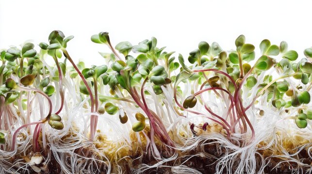 Extreme macro of microgreens with visible roots and seed husks, fascinating natural textures, clean white background, organic farming concept, hyper
