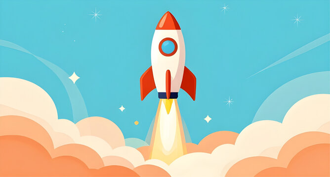 cartoonrocket, rocket, rocketship, blastoff, sky, blue, launch, spacecraft, space, aviation, startup, exploration, vibrant, vector, illustration, flatdesign, isolated