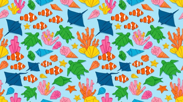 Seamless pattern of colorful cartoon sea animals including clownfish, sea turtles, and stingrays with coral and shells on a light blue background, vibrant underwater marine life illustration.