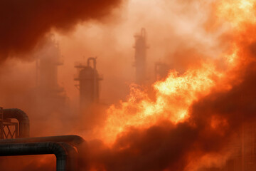 Fototapeta premium Industrial facility engulfed in fierce orange flames. Smoke billows thickly across the burning scene. Structures loom obscured by fire's fierce glow. Dangerous blaze suggests imminent disaster