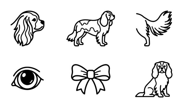 Cavalier King Charles Spaniel Dog Icons, Pet Breed Vector Graphics, Canine Silhouette Set