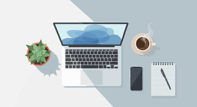 Modern Desk Setup: Laptop, Coffee, Plant, Phone, Notebook - Top View