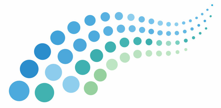 Abstract arc-shaped wave composed of gradient blue and green circles fading into a dotted trail. Modern motion graphic element for technology, data visualization and corporate branding design.