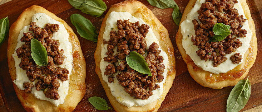 Three savory flatbreads topped with creamy white cheese and ground meat, garnished with fresh basil leaves, on a wooden board