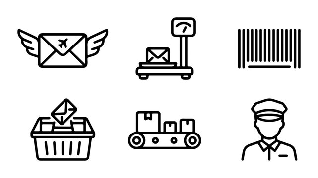 Postal Service Icons: Mail, Package Delivery, Shipping, Logistics, Postman, Barcode