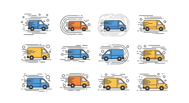 Colorful illustrations of delivery vans.