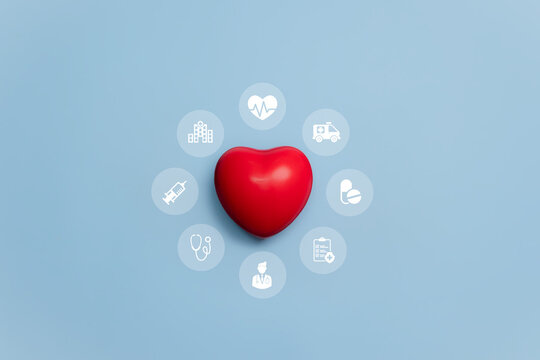 Red heart with healthcare medical icon. Health insurance health concept. access to welfare health and copy space, healthcare services, protection, insurance coverage.