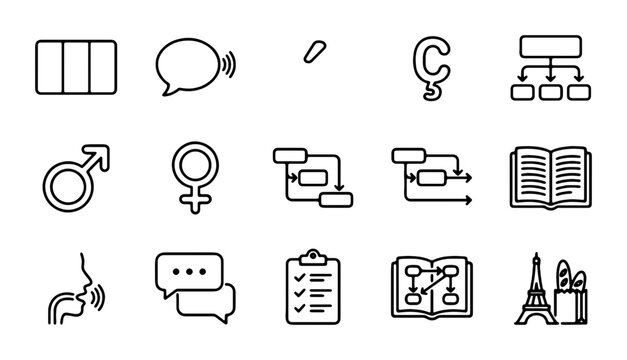 Communication Icons Set: Speech Bubbles, Flowcharts, Symbols, Book, Eiffel Tower, 15 Vector Elements