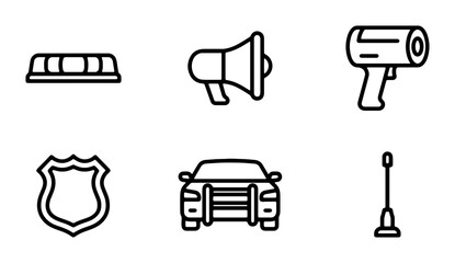 Police Icons Set: Siren, Megaphone, Speed Gun, Badge, Patrol Car, Lamp Post © Hasan