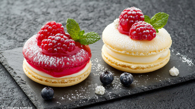 Two gourmet raspberry desserts, one red and one vanilla, topped with mint and powdered sugar on a dark slate with blueberries
