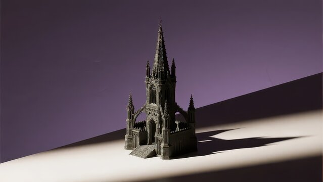A beam of light illuminates a Gothic church model, with dim purple light and shadow creating a mysterious, solemn, and ritualistic dark atmosphere.