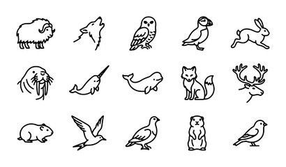 Arctic Animals Vector Icons Set, Wildlife Illustrations, Cute Mammals and Birds Collection © Hasan