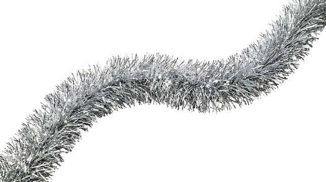 Shiny silver Christmas tinsel garland wavy streamer decoration for holiday tree isolated on a transparent background.