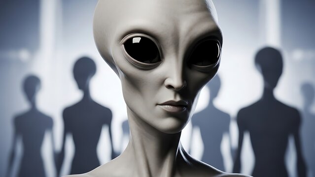 Close-up of a gray alien with large dark eyes and a serene expression, backed by blurred figures