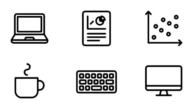 Modern Business Icons: Laptop, Report, Scatter Plot, Coffee, Keyboard, Monitor