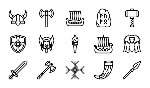 Viking Icons Set: Norse Mythology Symbols, Warrior Gear, Ancient Runes, Medieval Ships, and Weapons