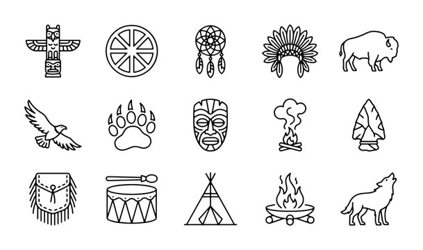 Native American Icons Set, Indigenous Culture Symbols, Tribal Art Elements, Vector Graphics Collection