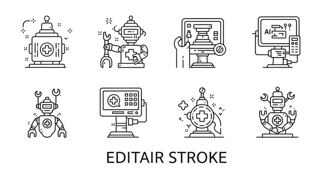 A set of eight line icons related to editing and technology.