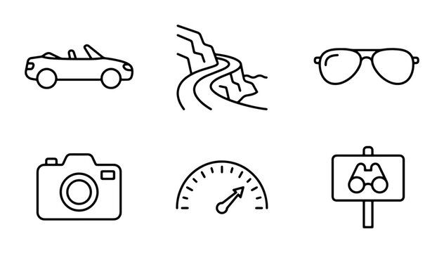 Road Trip Icons: Convertible Car, Scenic Route, Sunglasses, Camera, Speedometer, Binoculars