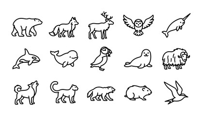 Arctic Wildlife Icons Set: Polar Bear, Fox, Deer, Owl, Narwhal, Orca, Whale, Penguin, Seal, Muskox, Wolf, Cat, Wolverine, Rodent, Bird © Sirajul