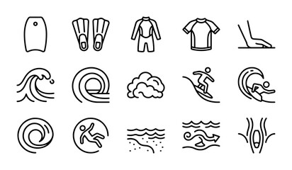 Surfing Vector Icons Set: Ocean Waves, Bodyboard, Wetsuit, Surfer, Beach Lifestyle © Sirajul