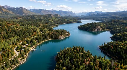 Obraz premium Scenic Turquoise Mountain Lake Surrounded by Forested Islands and Distant Peaks
