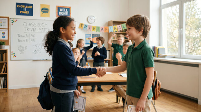 Kids handshake trivia classroom school sportsmanship Two kids shaking hands after close trivia match classroom after quiz final, smiling classmates background, friendly competition, teamwork