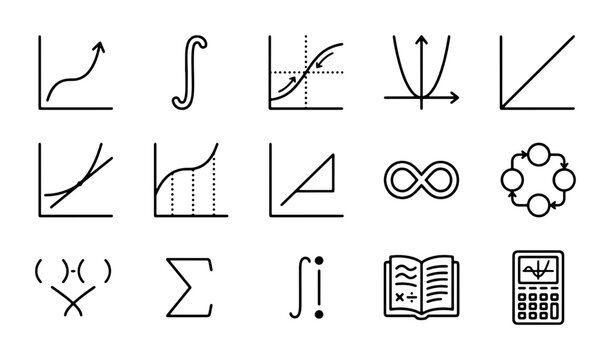 Math Symbols and Graphs Vector Icons, Calculus and Algebra Elements, Education and Science Icons