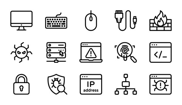 Cybersecurity Icons: Computer, Firewall, Virus Scan, IP Address, Network Security