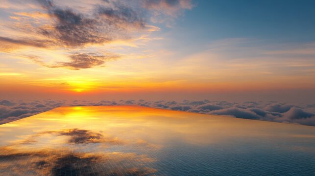 Luxury infinity pool suspended above clouds, tranquil mirror water surface, warm sunrise glow, premium resort aesthetic, serene atmosphere, hyper
