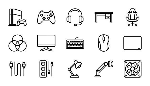 Gaming Gear Icons: Console, Controller, Headset, Desk, Chair, Computer, Keyboard, Mouse, Monitor, Fan