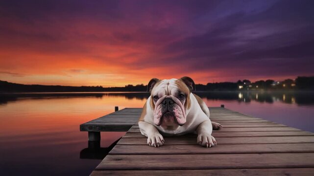 Old English Bulldog Relaxing on Wooden Dock at Lakeside During Dramatic Sunset with Reflective Water and Silhouetted Trees in Warm Golden Light