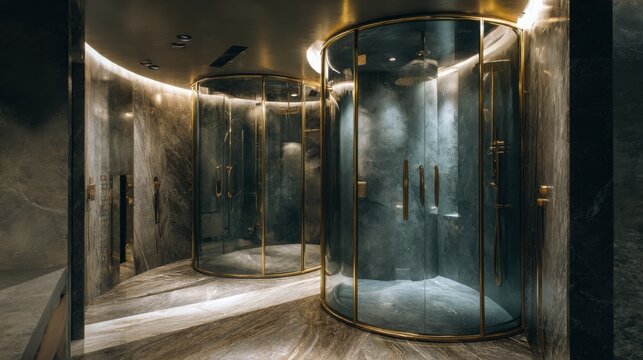 Modern walk in shower inspired by Art Nouveau architecture, curved glass partitions, flowing stone textures, artistic brass details, dramatic soft