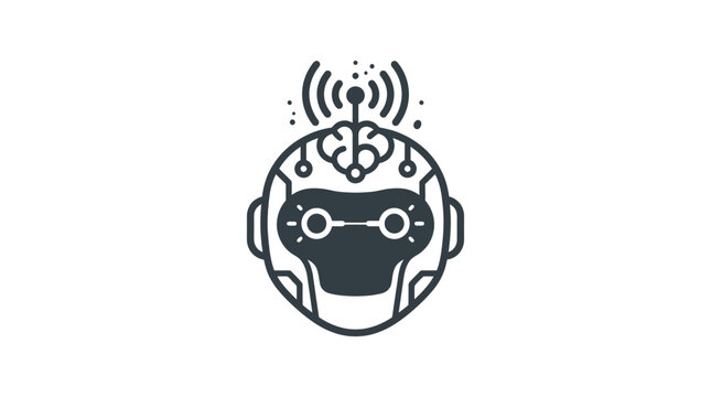 Futuristic robot head with artificial intelligence brain and wireless signal.