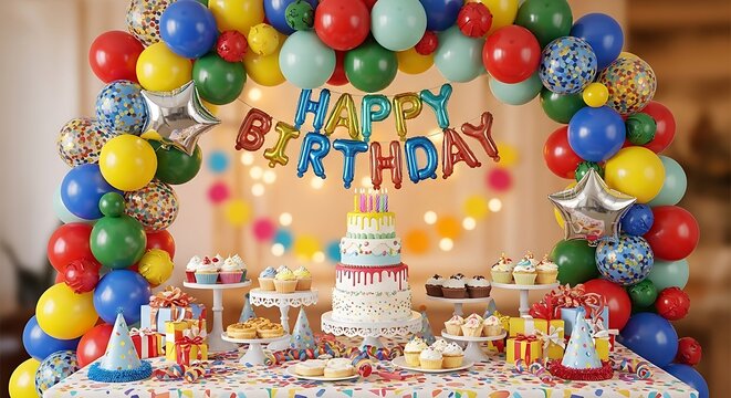 Colorful Birthday Dessert Table Arranged with Balloon Arch in Party Room