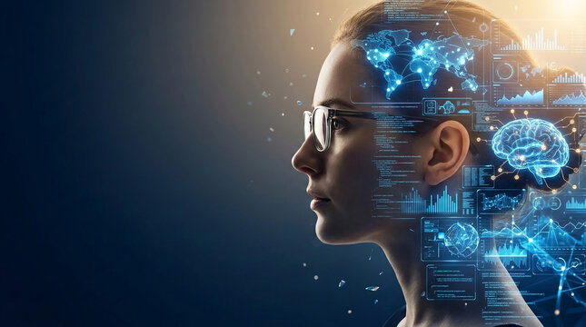 Profile of a woman with glowing digital brain and world map overlay, symbolizing intelligence, global connection, and technology.