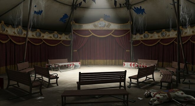 Abandoned Vintage Circus Ring Standing Empty Under Spotlight in Dark Tent