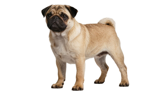 Fawn pug dog standing full body view, white
